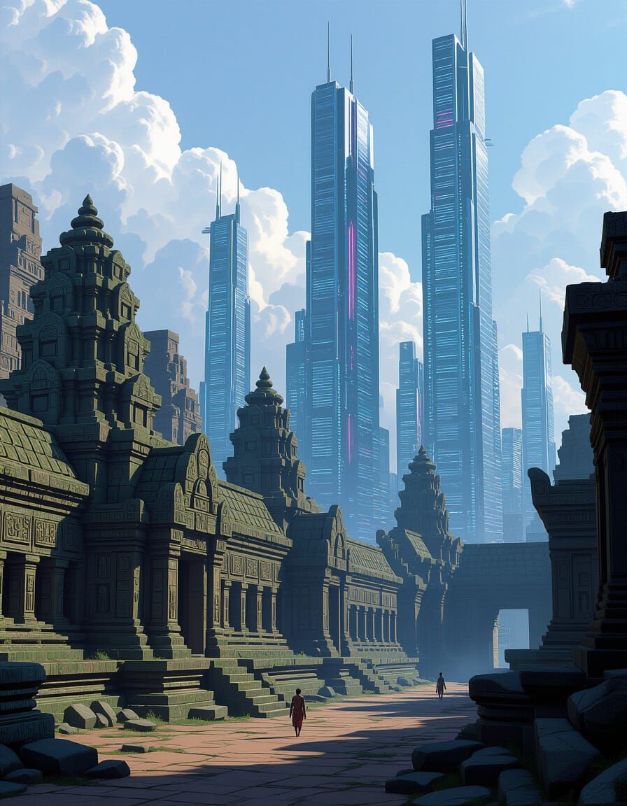 Cyberpunk Meets Ancient Mysticism in Futuristic Cityscape