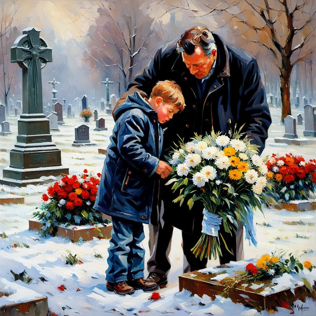 Grief Stricken Father and Son at Winter Grave