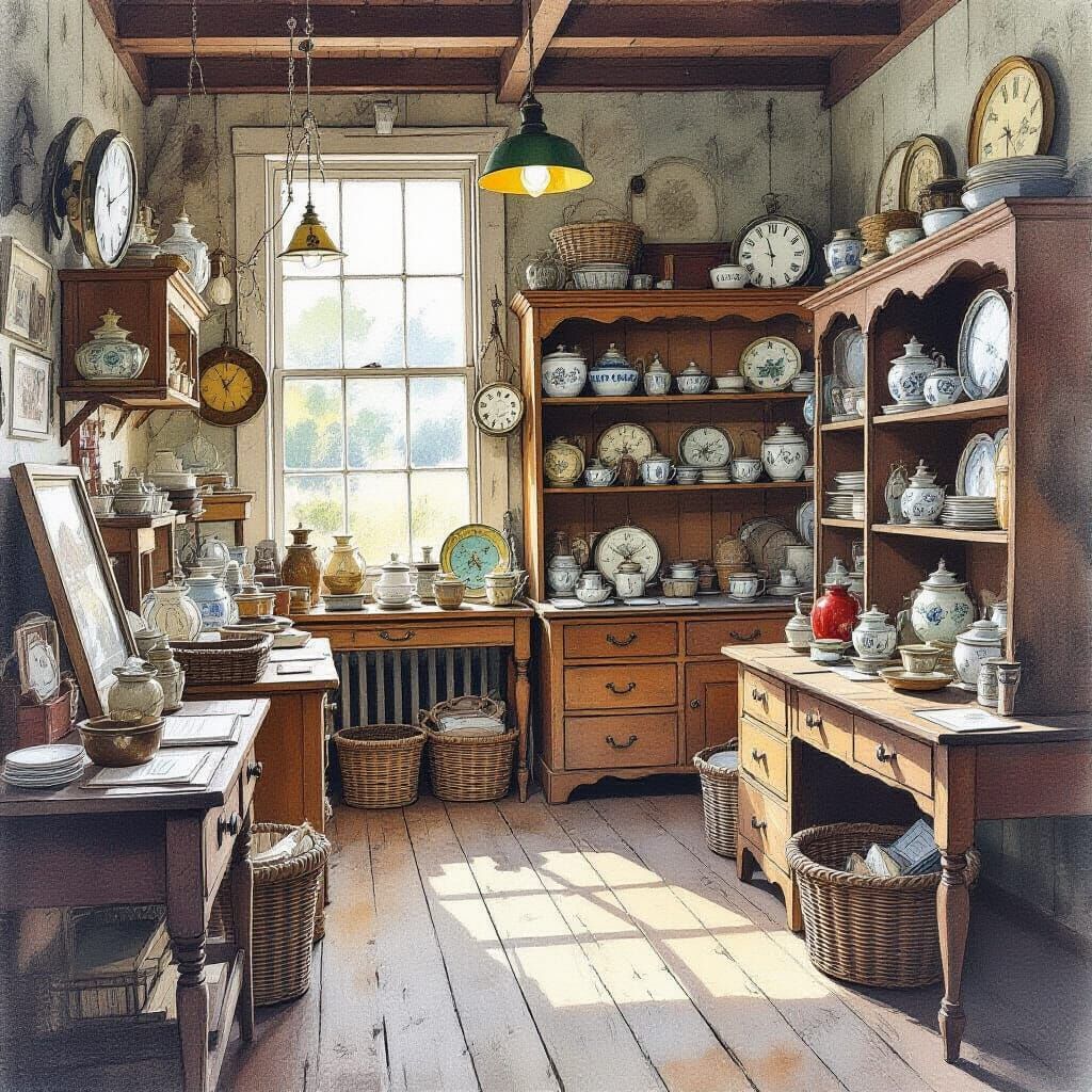 New England Antique Shop in Watercolor Style