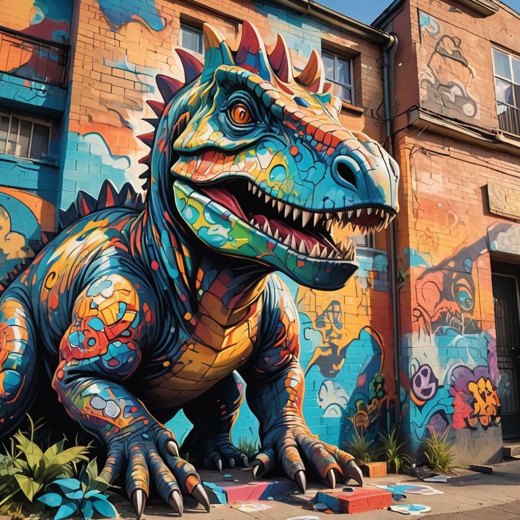 Dinosaur Cradling House: Graffiti Street Art