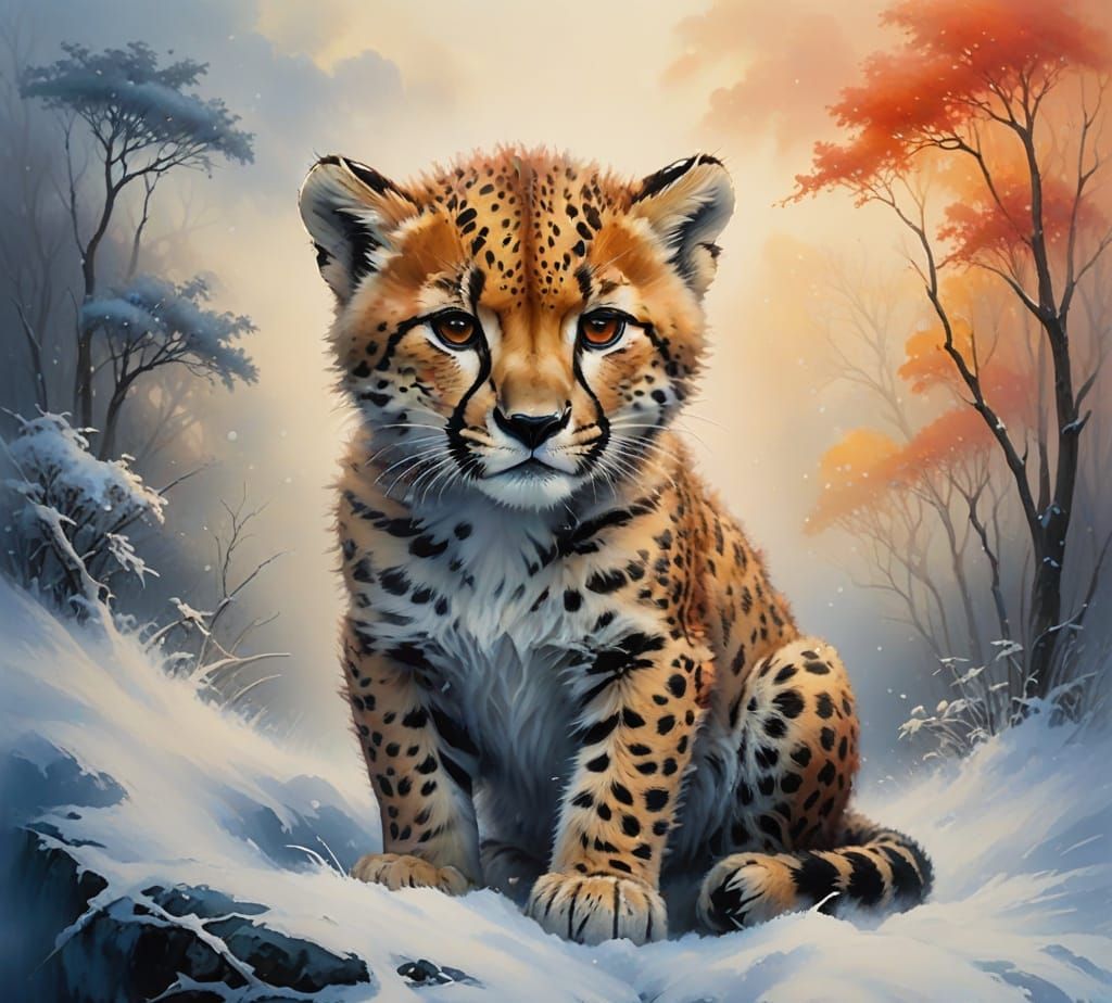 Cute Cheetah Cub in Winter Wonderland
