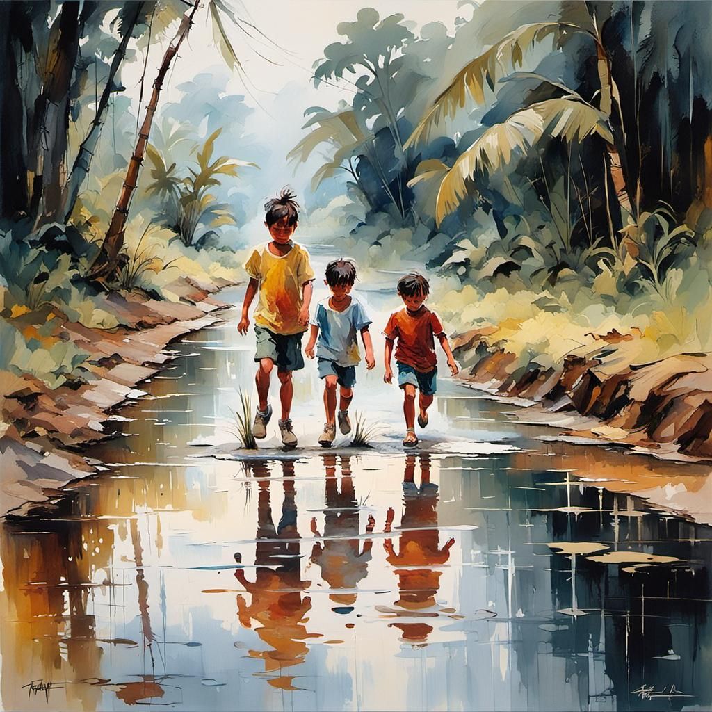 Children Playing in Rain: Vivid Rural Philippine Painting