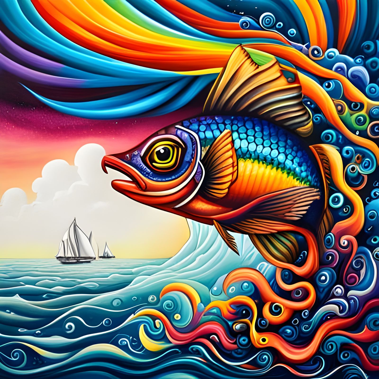 Majestic Rainbow Fish in Graffiti Art Style