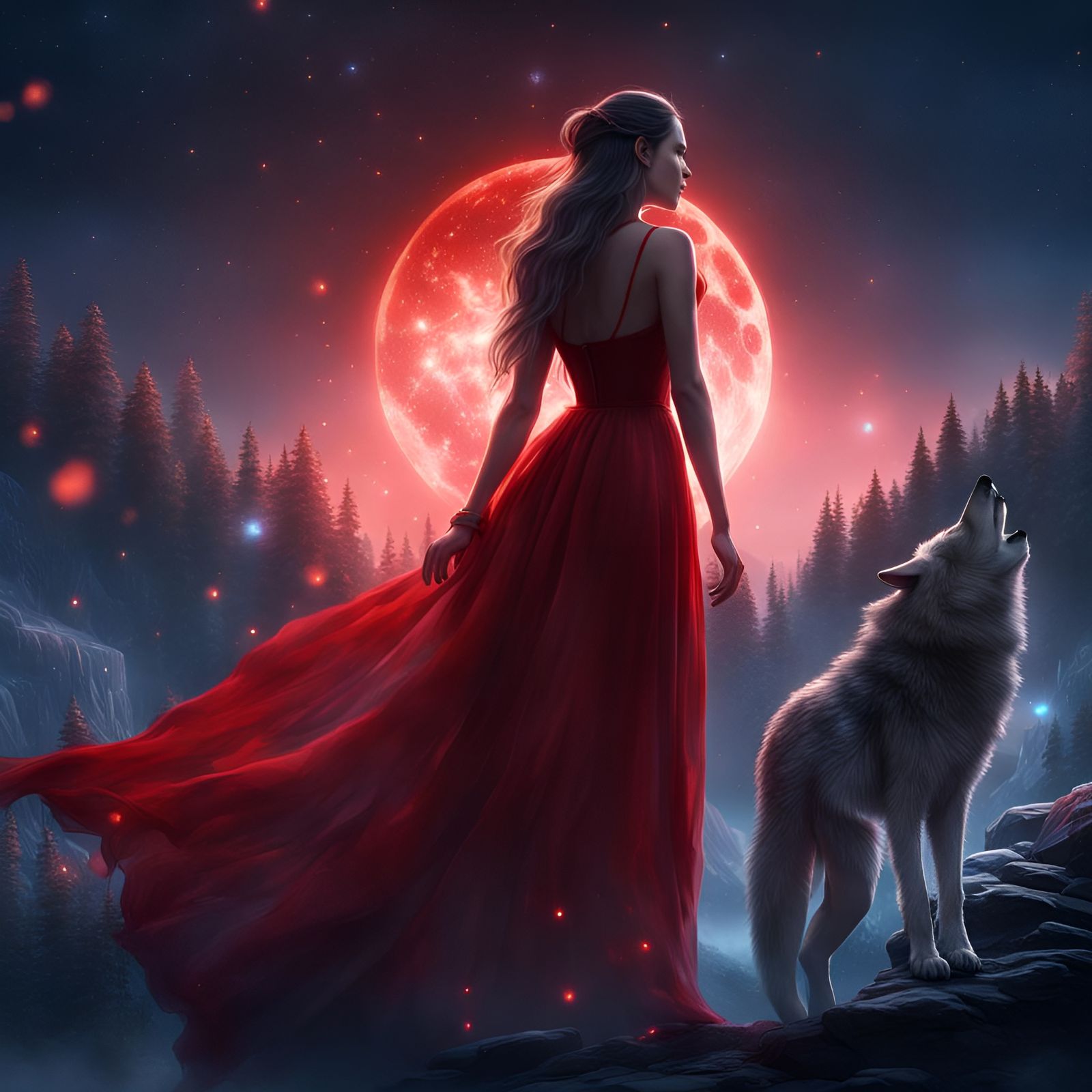 Girl in Red Dress Under Night Stars
