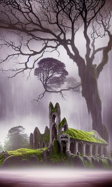 Monks in Ancient Floating Ruins During Thunderstorm