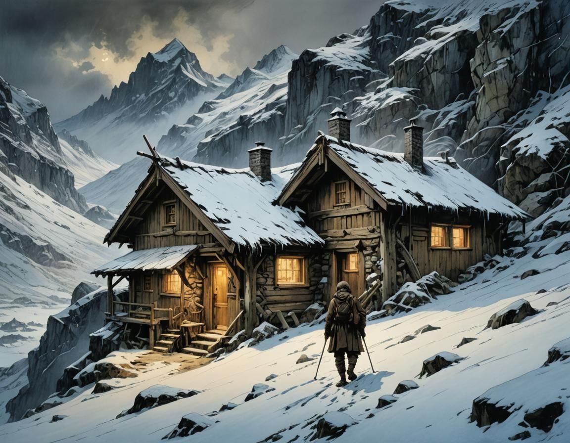 Hikers Sheltering from Snowfall in Detailed Illustration