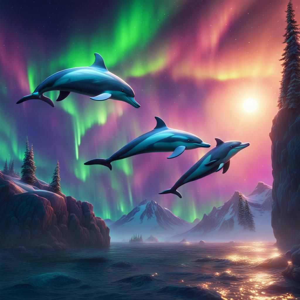 Dolphins Play Under Northern Lights: Fantasy Concept Art
