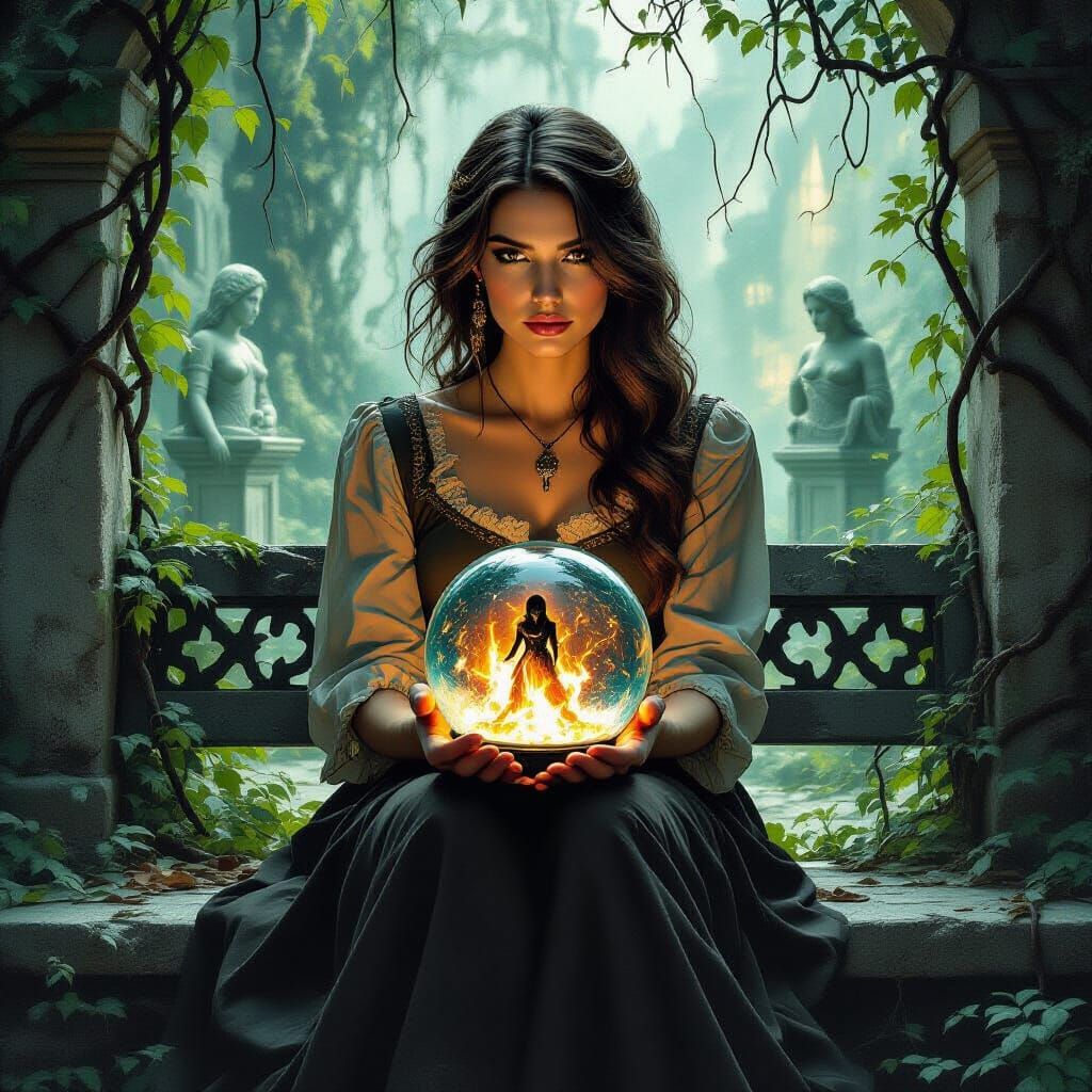 Woman in Gothic Garden Holding Demonic Snow Globe