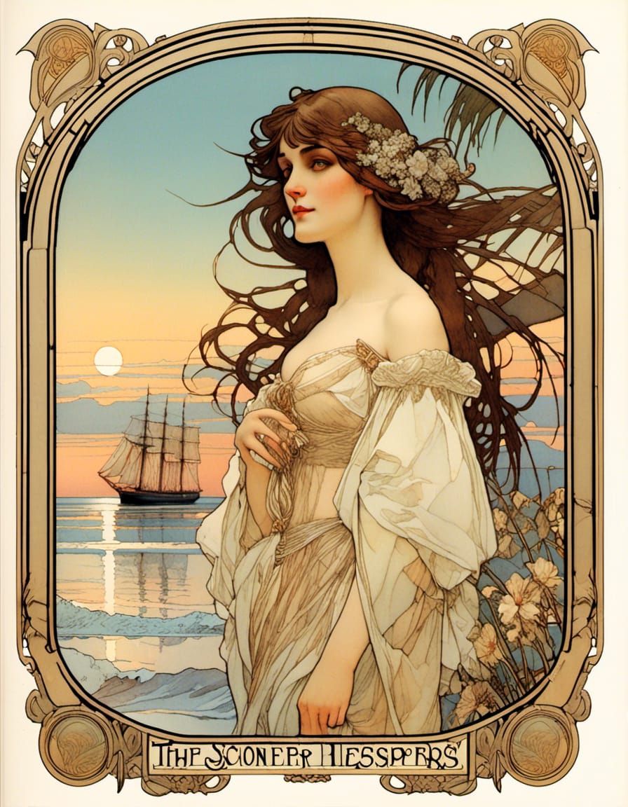 Schooner Hesperus Book Cover in Art Nouveau Style