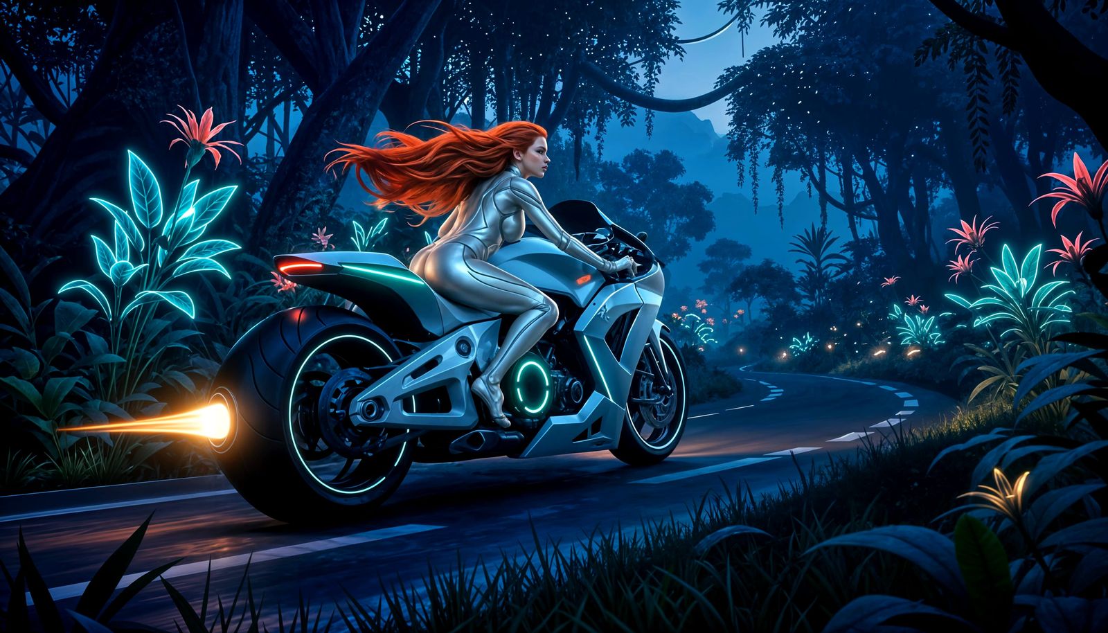 Futuristic Motorcycle Speeds Through Alien Jungle