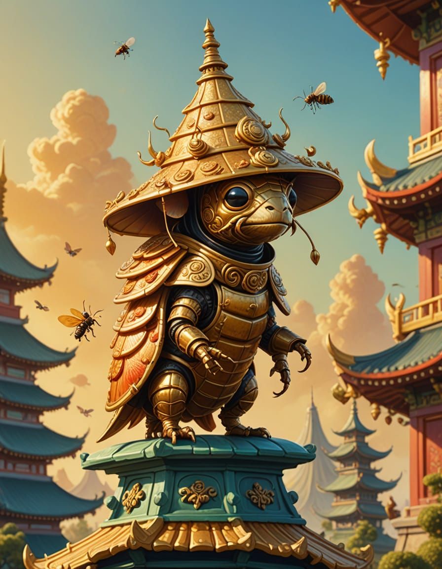 Whimsical Flea Knight on Insect Wing Pagoda