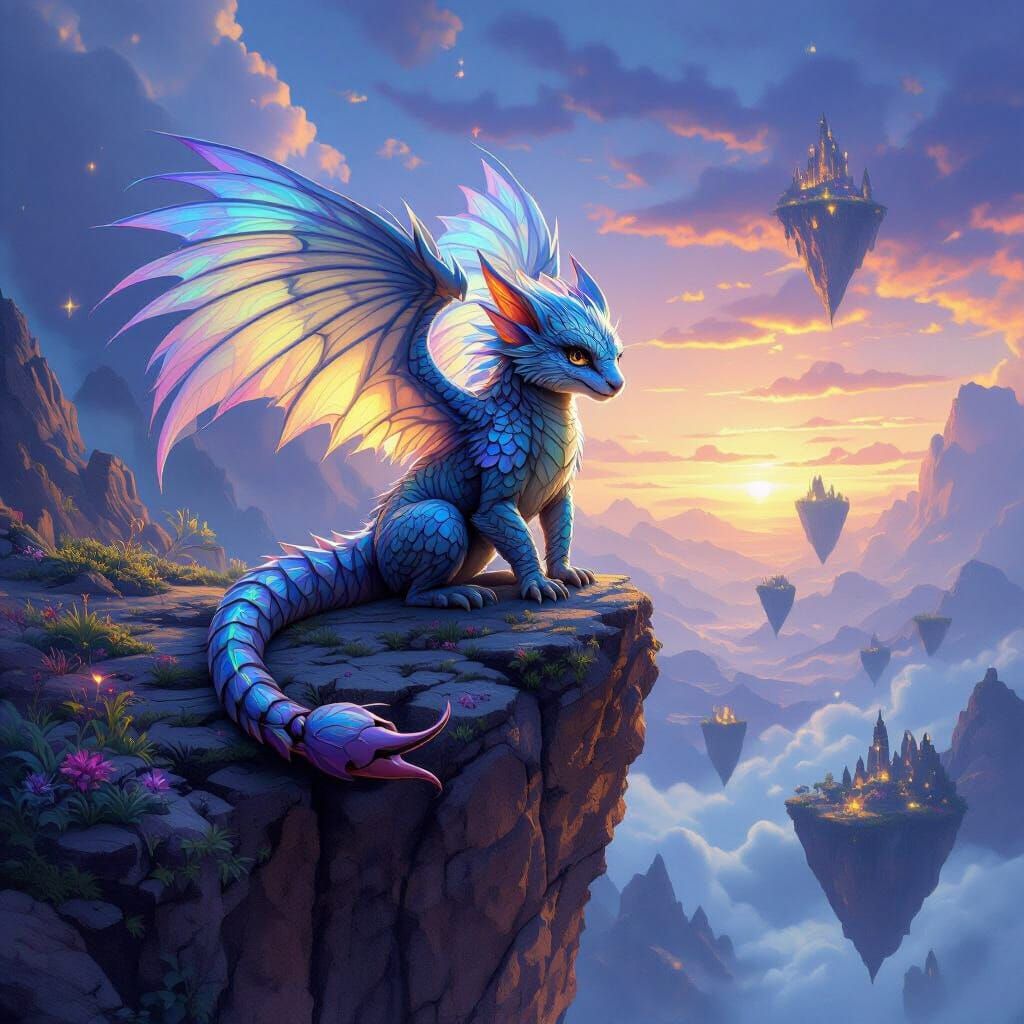 Baby Manticore on Cliff Edge in Fantasy Landscape