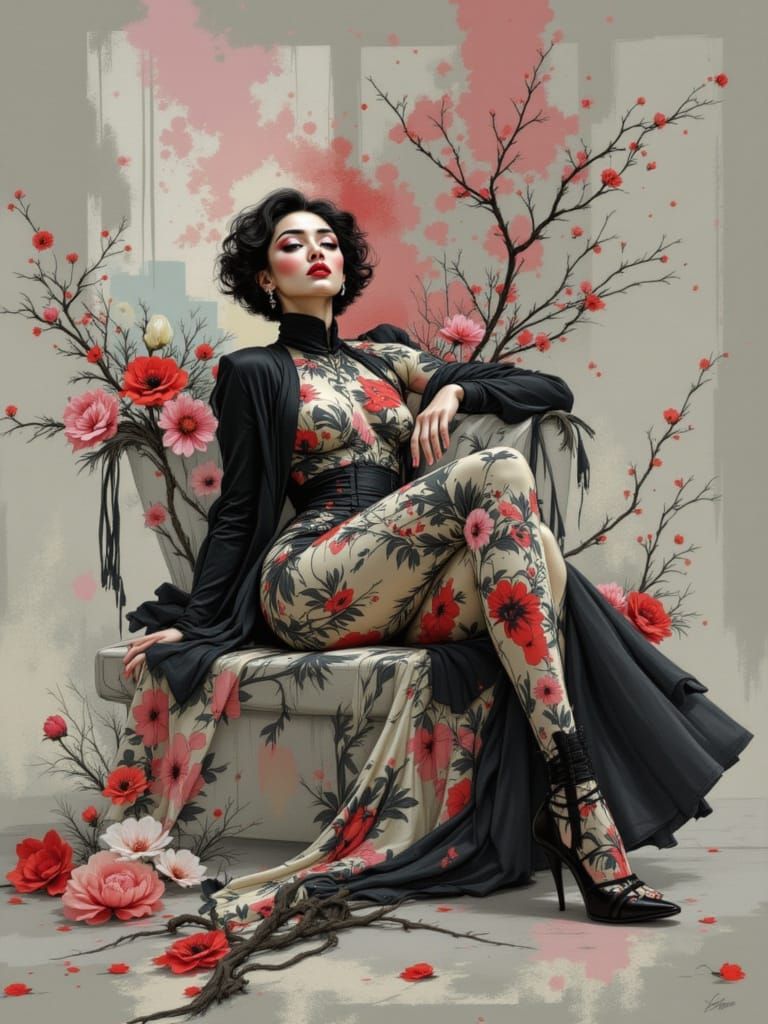 Art Deco Woman with Plum Blossom Skin