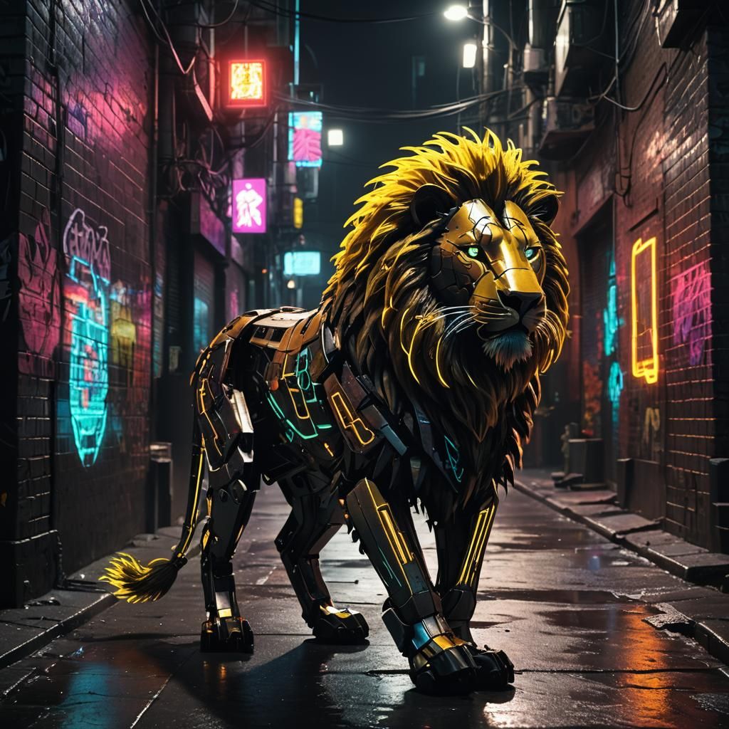 Cyberpunk Robotic Lion in Neon City Alley
