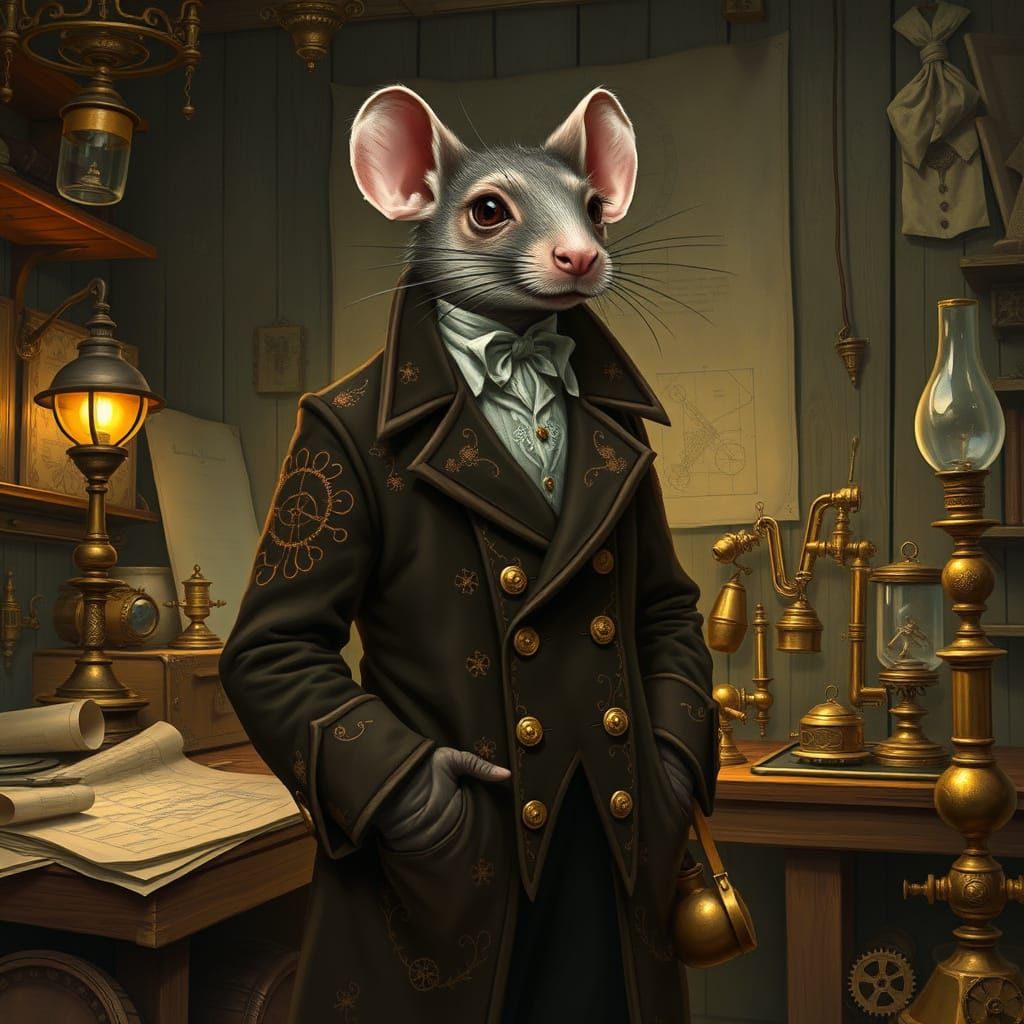Steampunk Ratfolk Inventor in Luxurious Velvet Coat