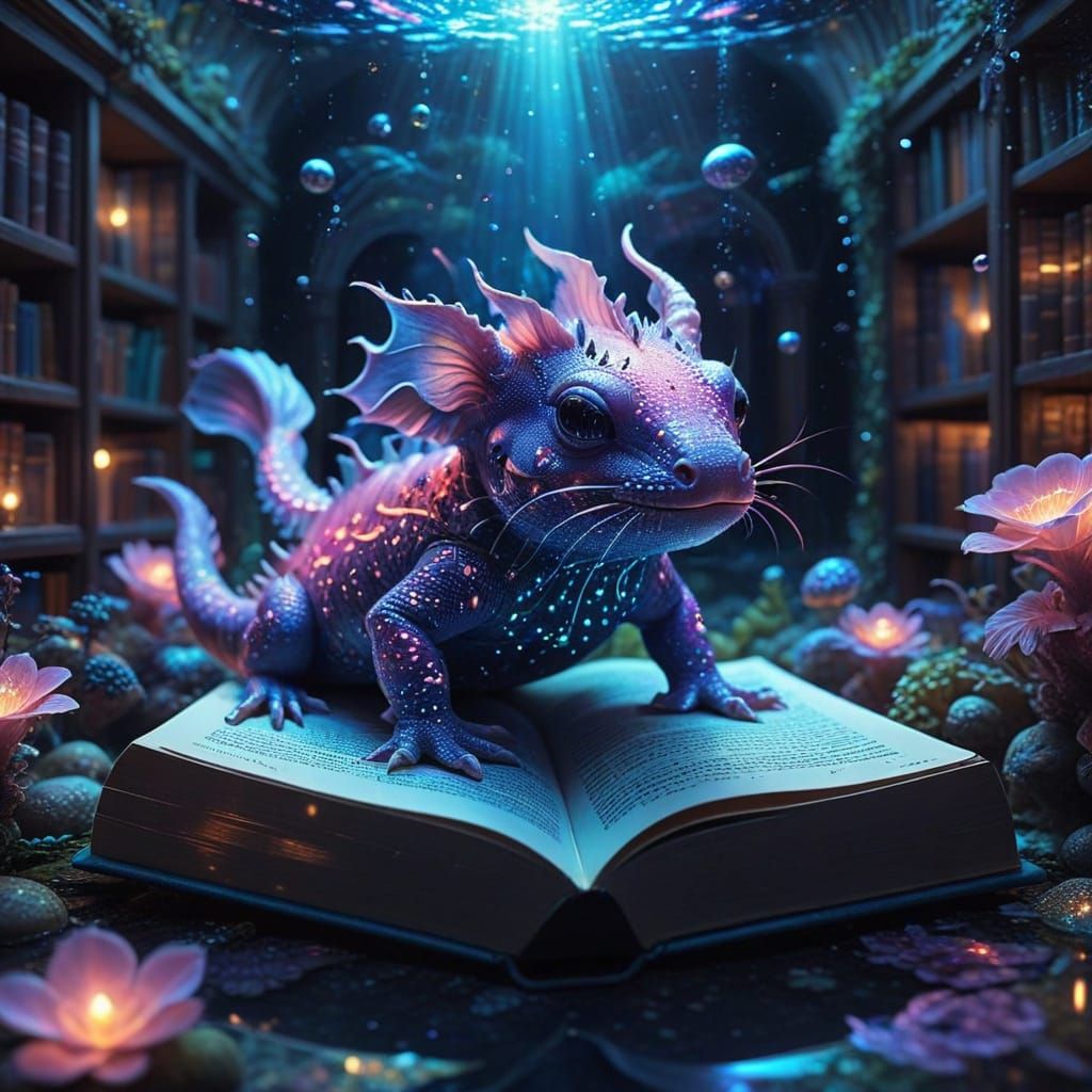 Whimsical Underwater Library Scene in Astral Cosmic Style