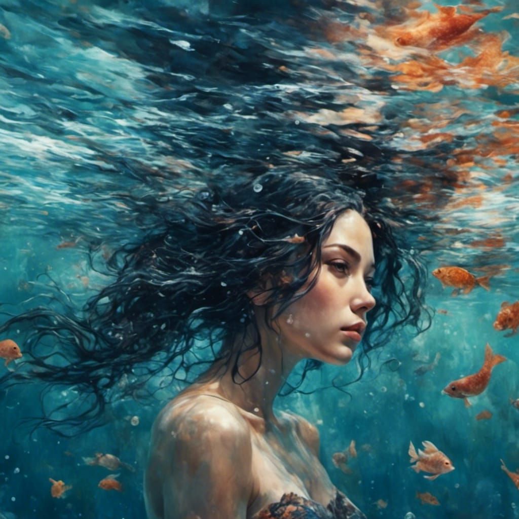 Mermaid Portrait with Underwater Hair and Tattoo