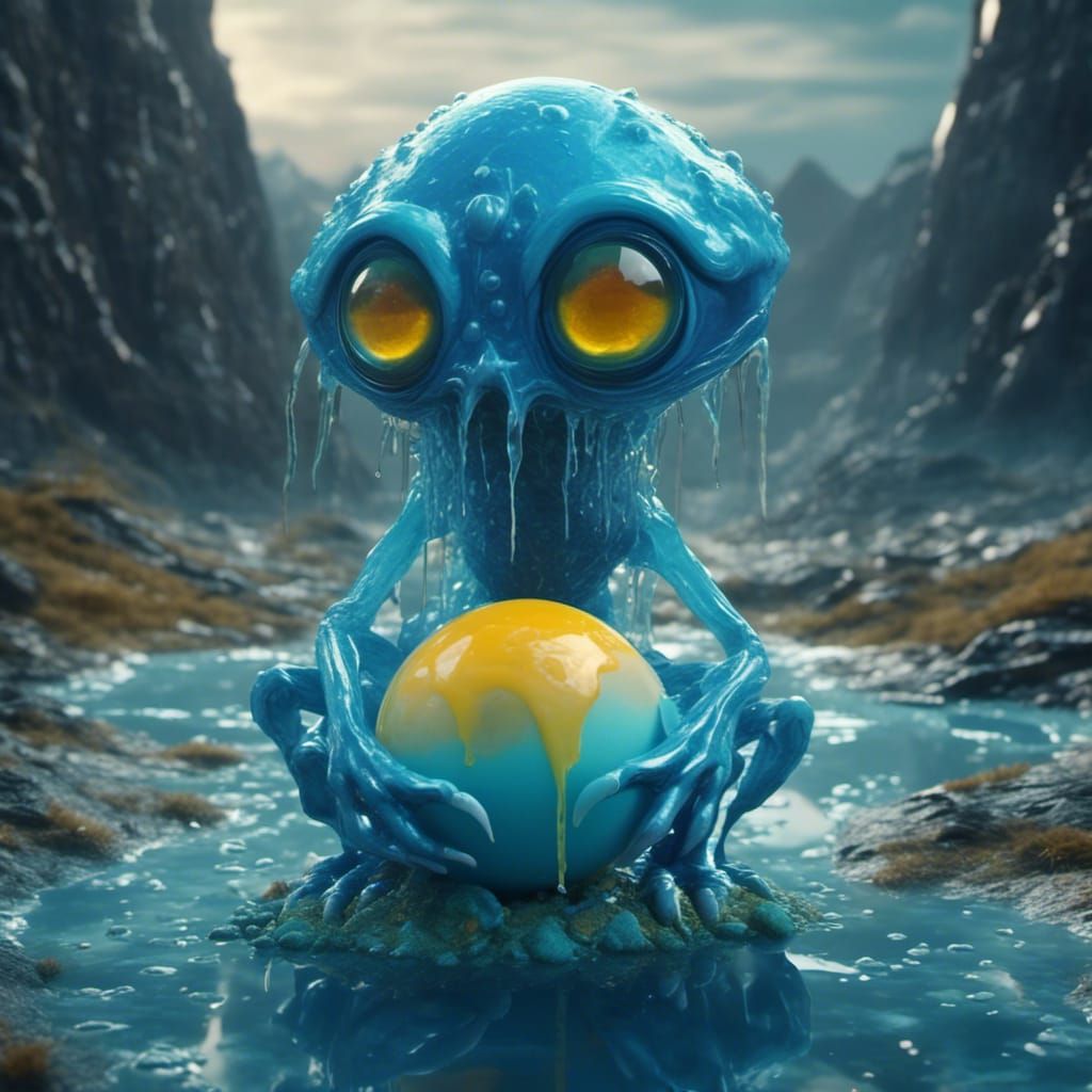 Surreal Blue Alien Monster Hatching in Chromatic Style
