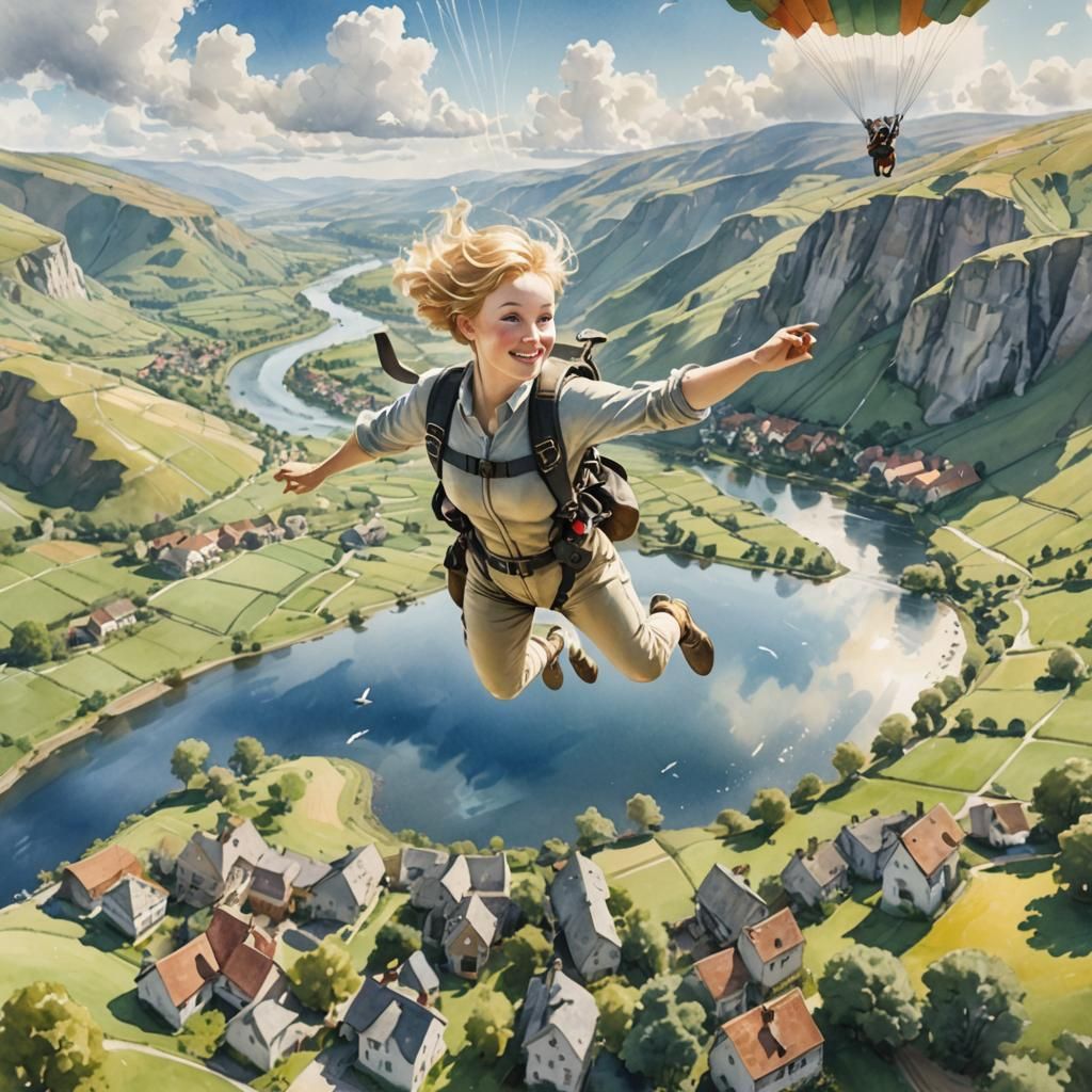 Watercolor Skydiver Illustration in Beatrix Potter Style