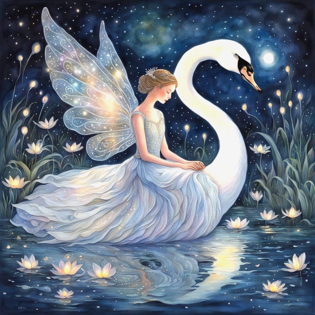Ethereal Fairy Princess on a Gliding Swan, Under Moonlit Fir...