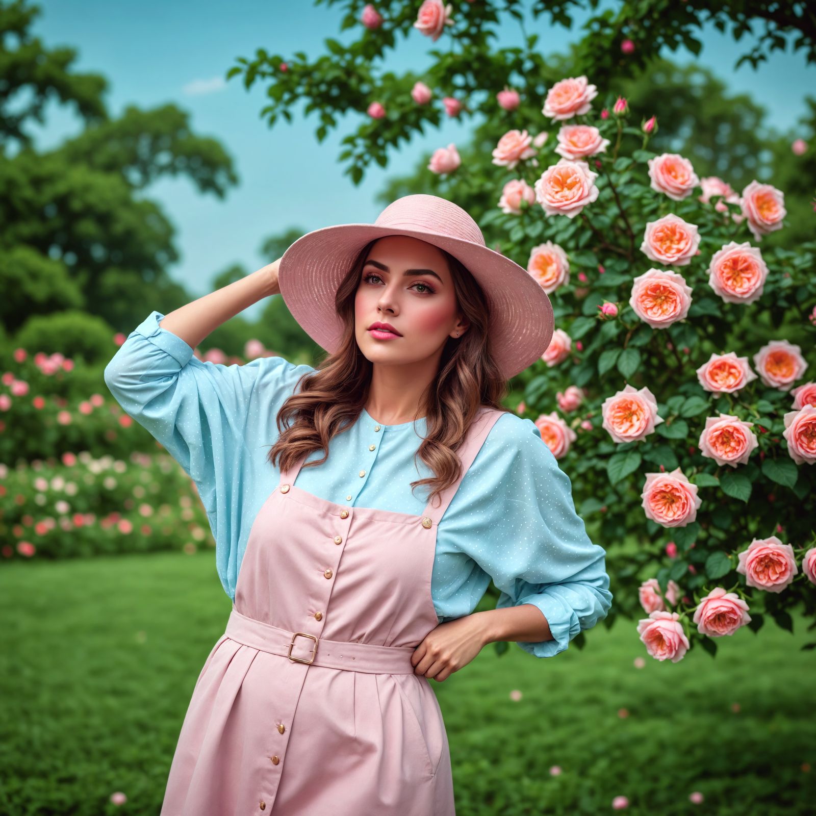 Lady in a Vibrant Rose Garden, Cinematic HDR Photography