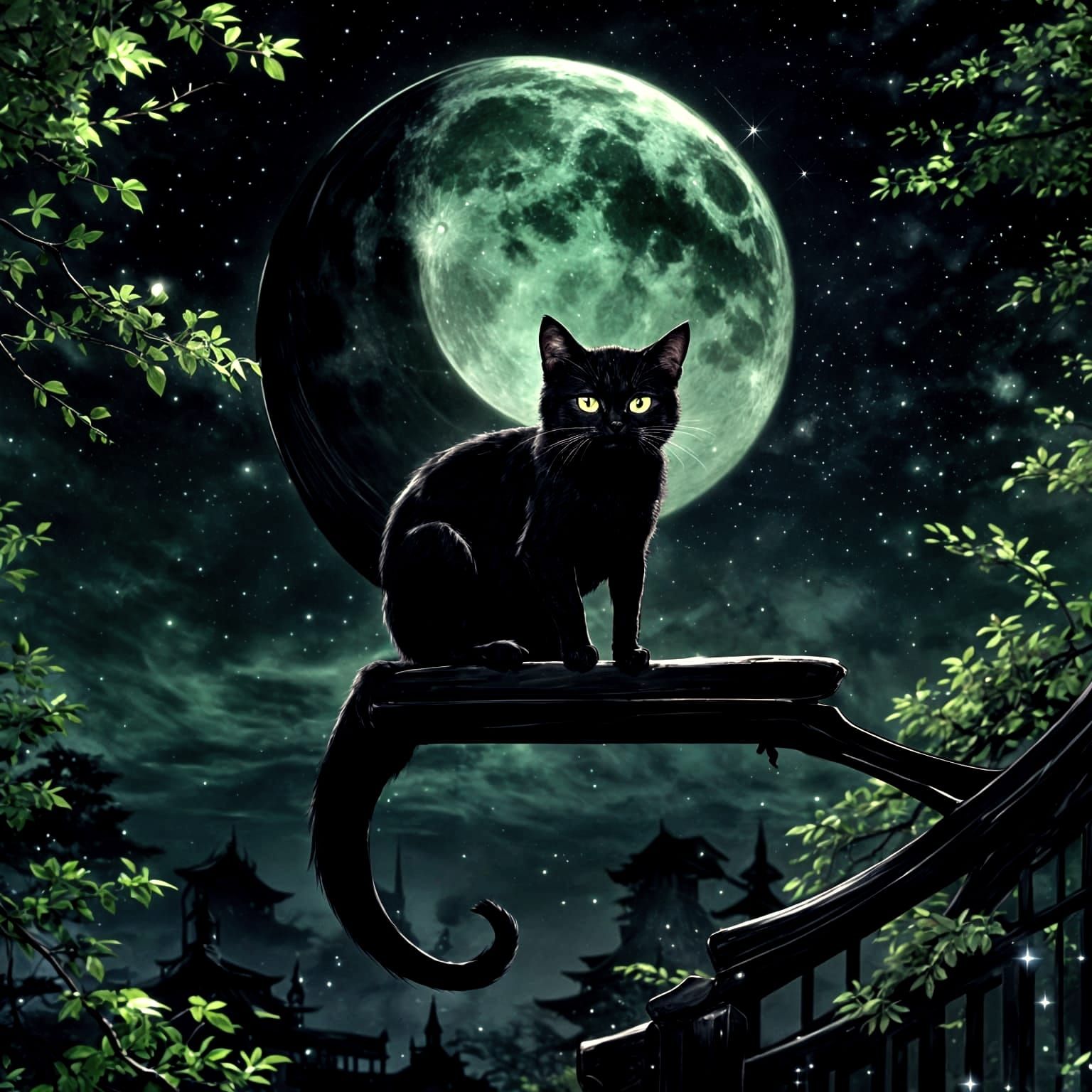 Elegant Black Cat on Moon in Anime Style