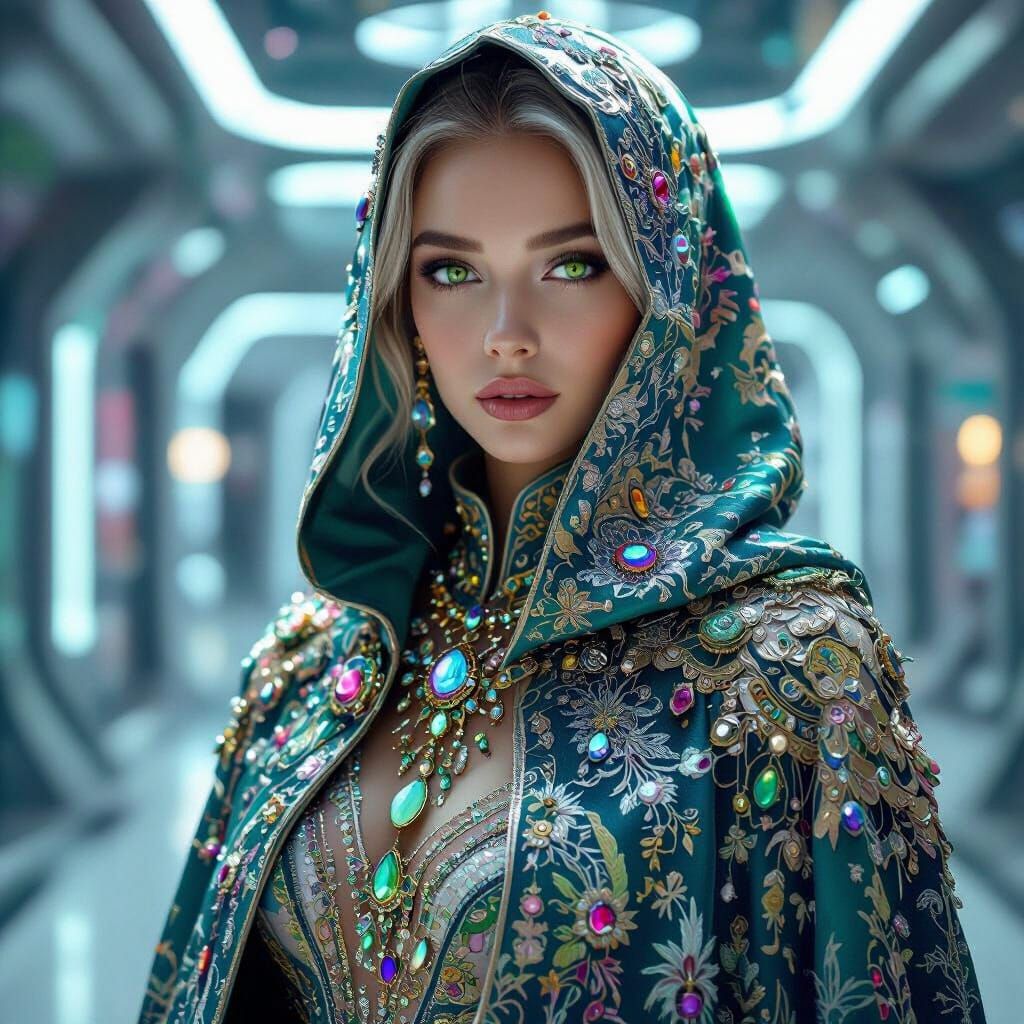 Futuristic Woman with Embroidered Cloak in Art Nouveau Style