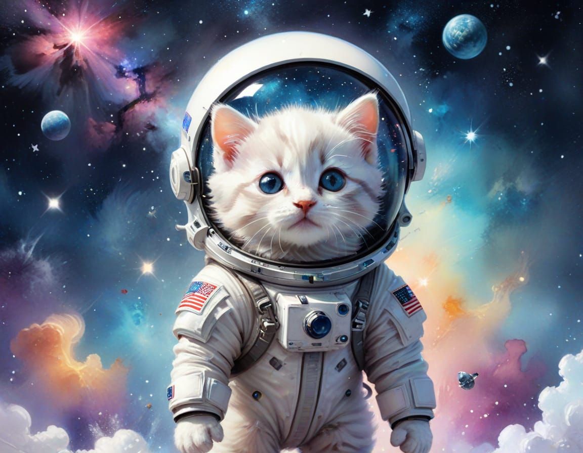Kitten Astronaut Drifting in Helmet, Cute Sci-Fi Cartoon
