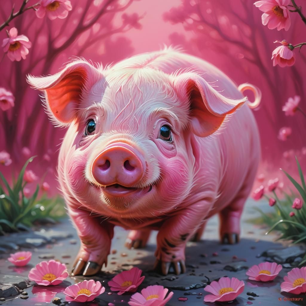 Pink Pig with Gleaming Eyes, Oil Painting Style