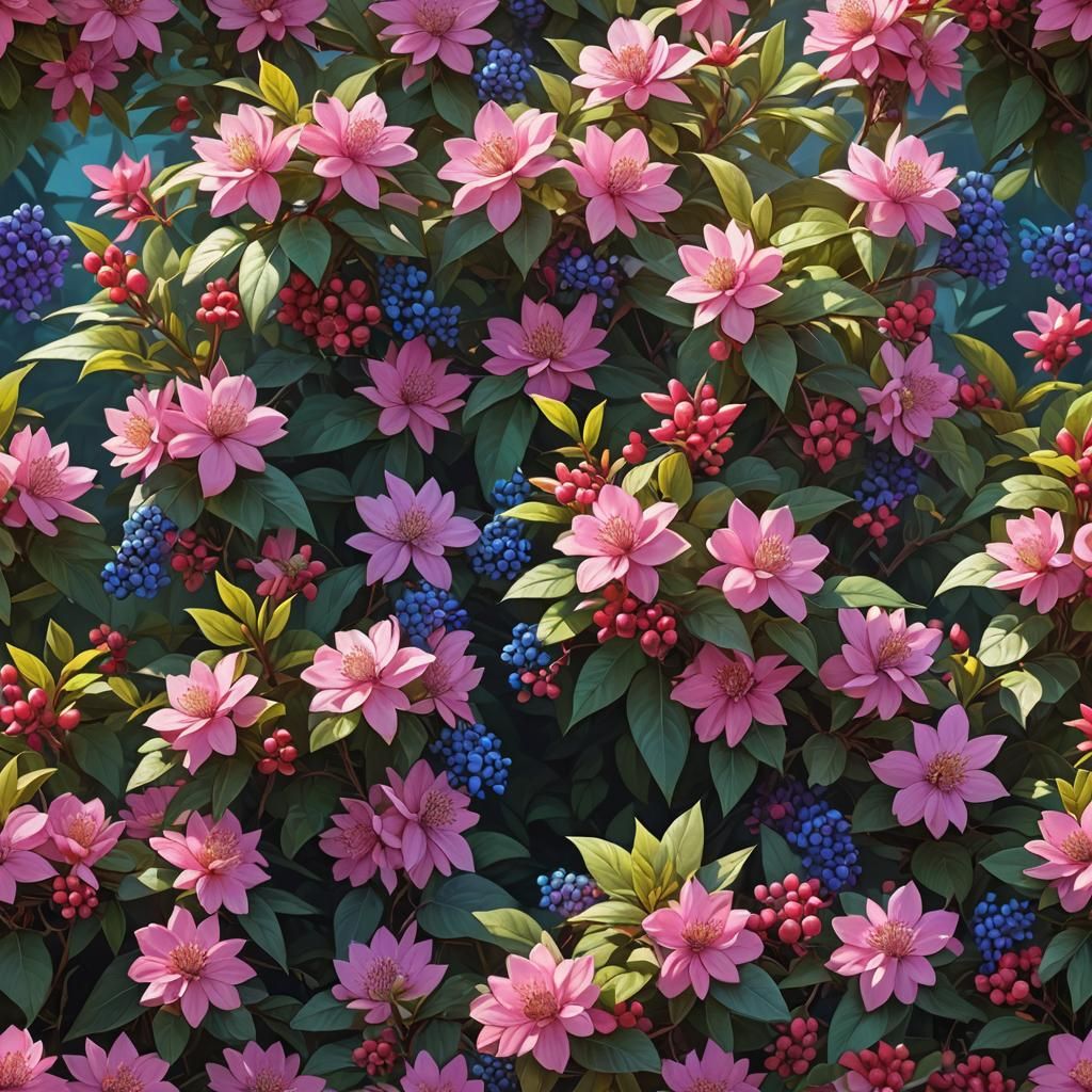 Lush Flower Bush with Multicolored Berries