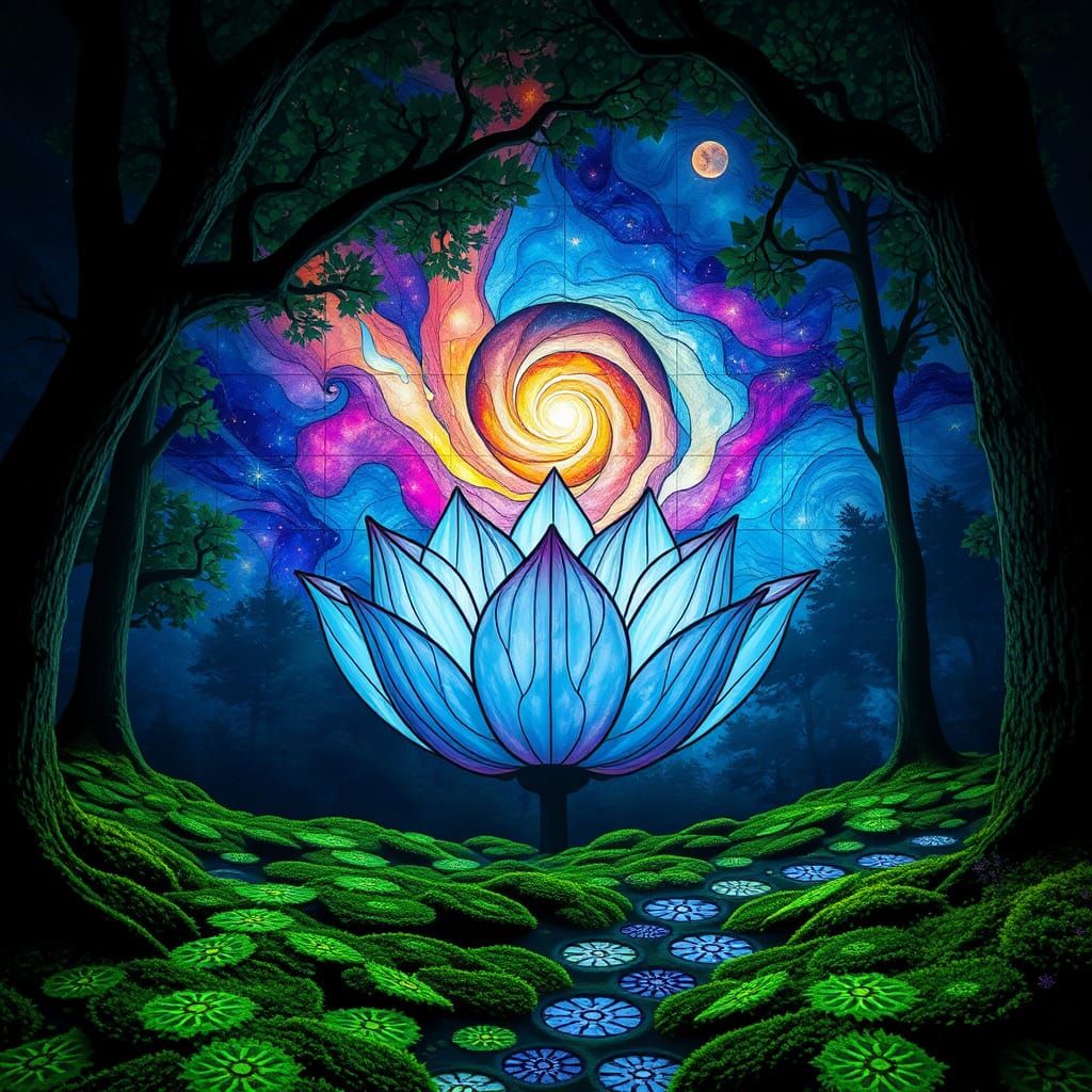 Surreal Stained Glass Lotus Blooms Amidst Nebulae in a Dream...