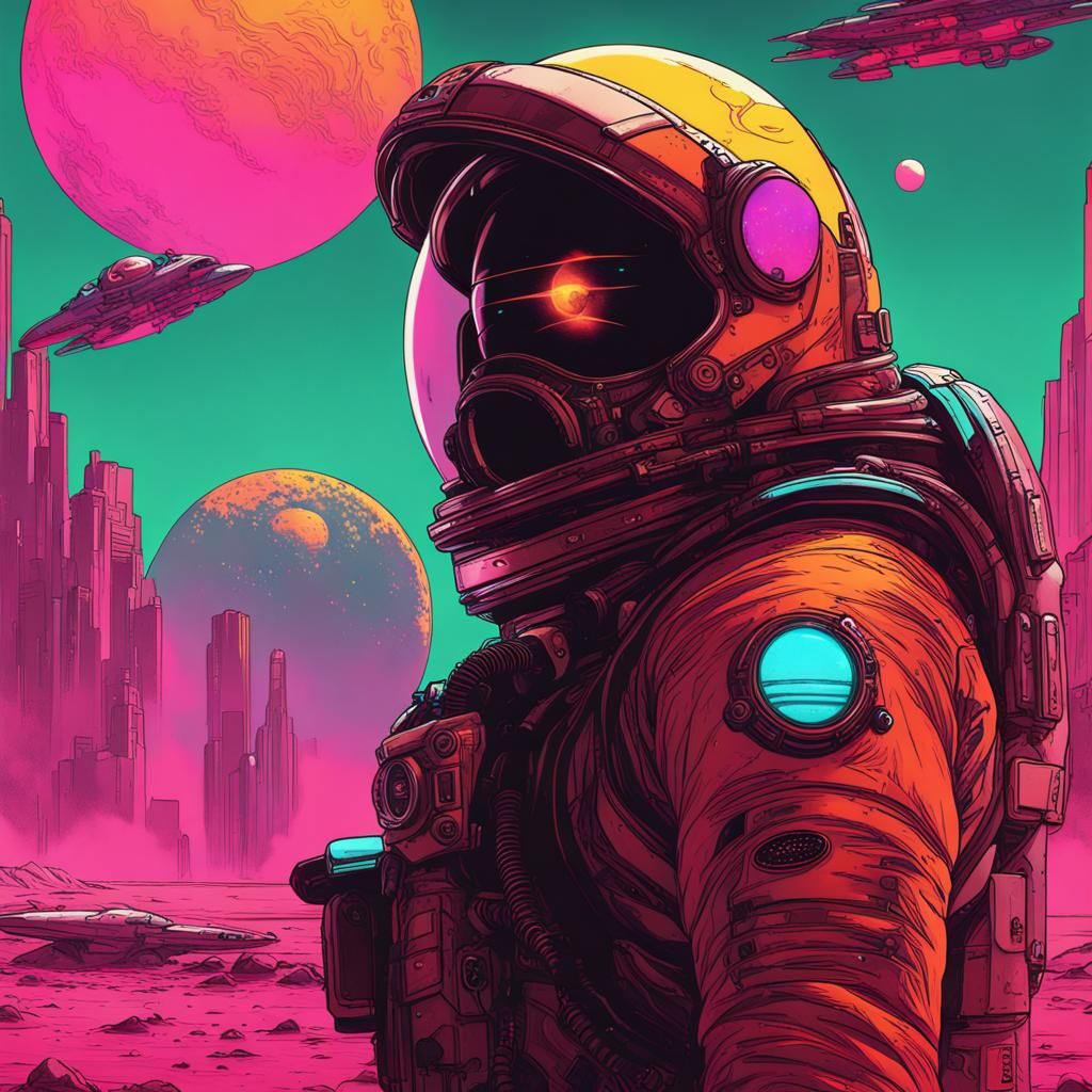 Astronaut and Space Fighters in Cyberpunk Neon