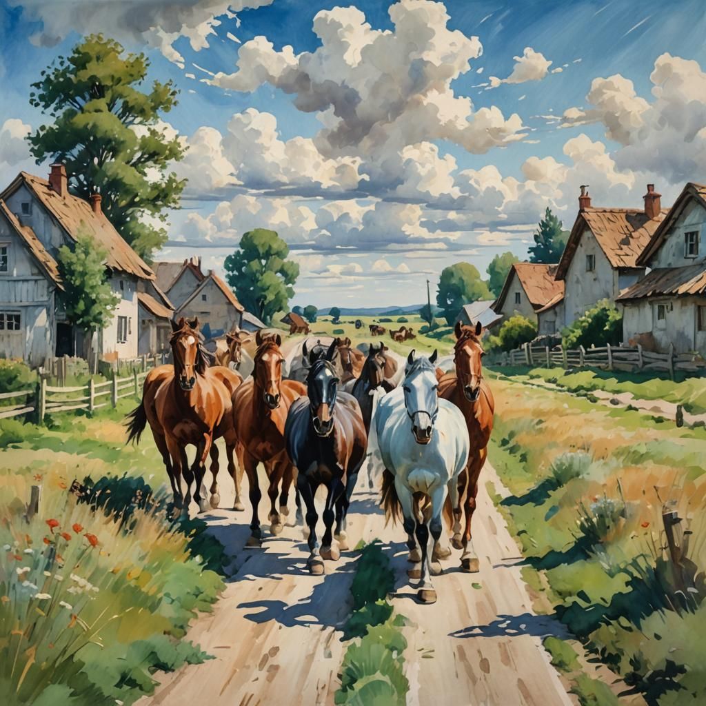Horses Crossing Road in Impressionistic Gouache Style