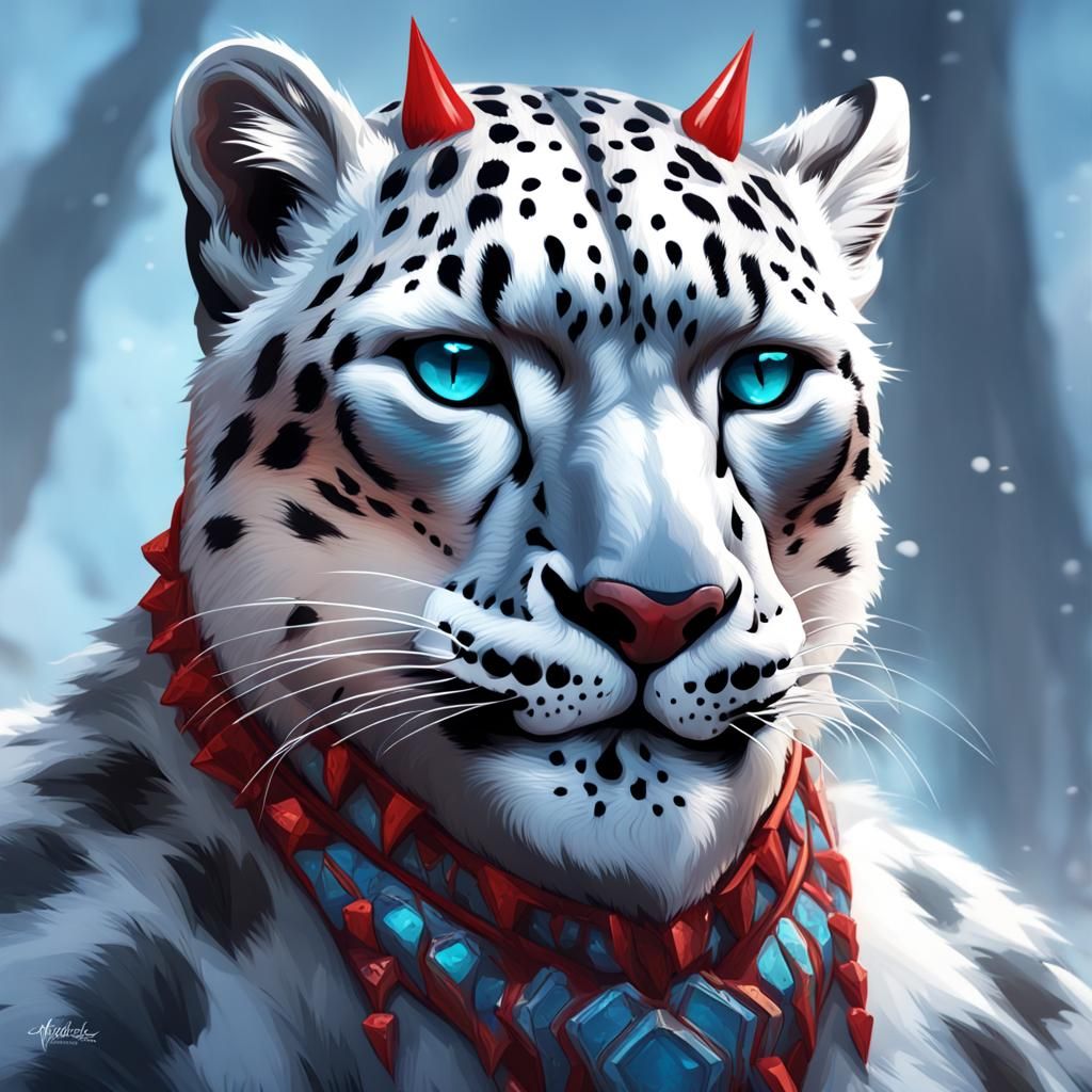 Snow Leopard Portrait with Horns in Digital Art