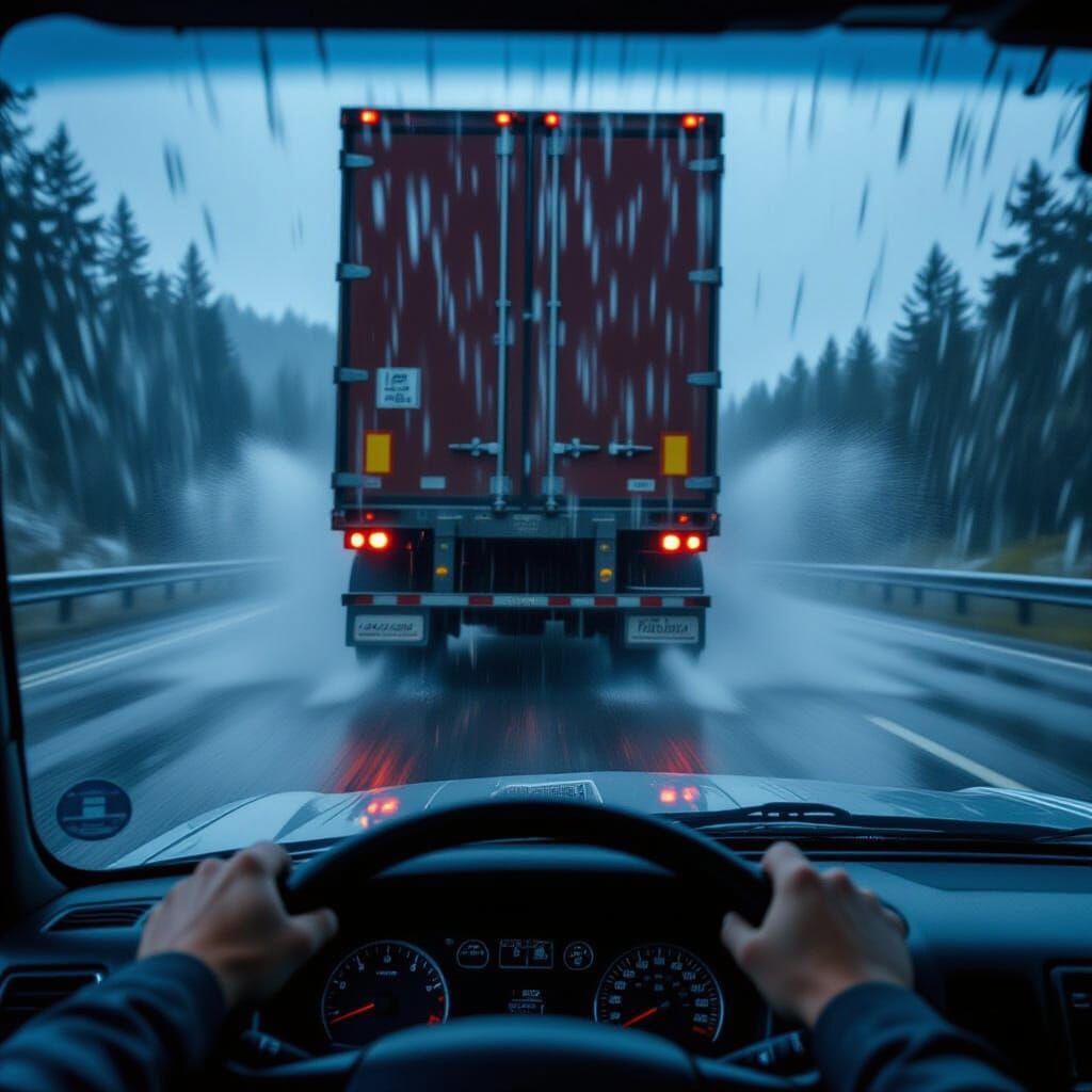 Driving Behind a Big Rig in Heavy Rain