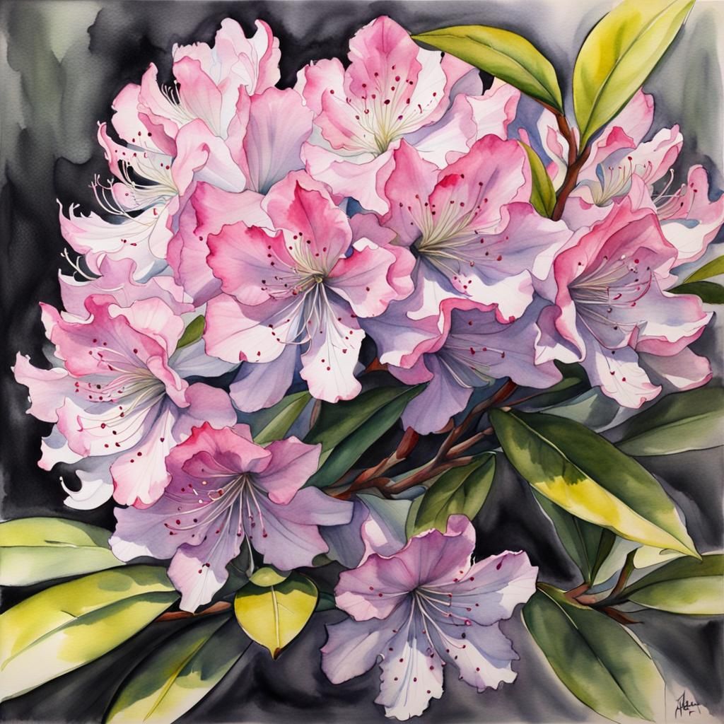 Hyperdetailed Watercolor Rhododendron Charcoal Drawing
