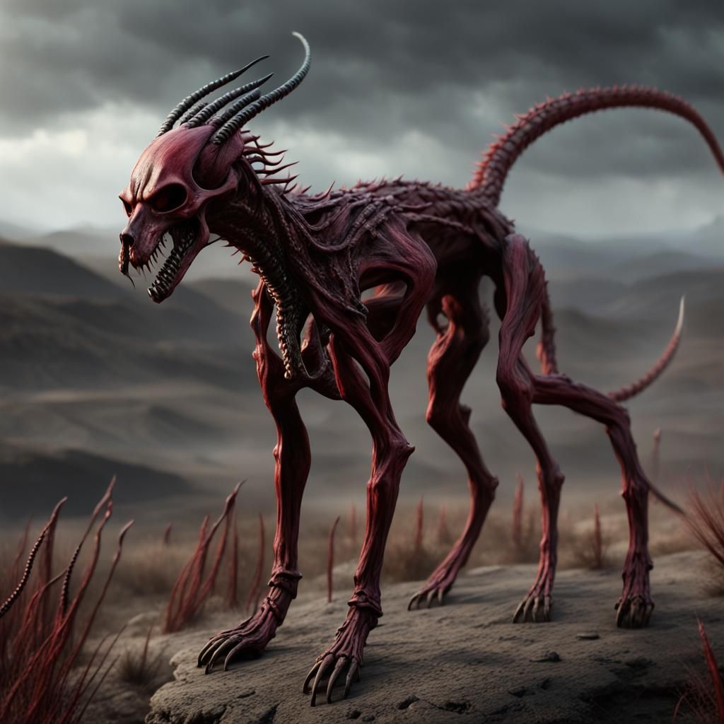 Demonic Greyhound Creature in Hellish Landscape