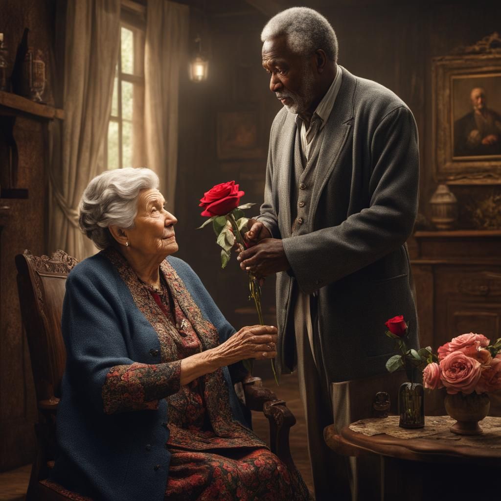 Elderly Woman Offers Rose to Man in Cottage