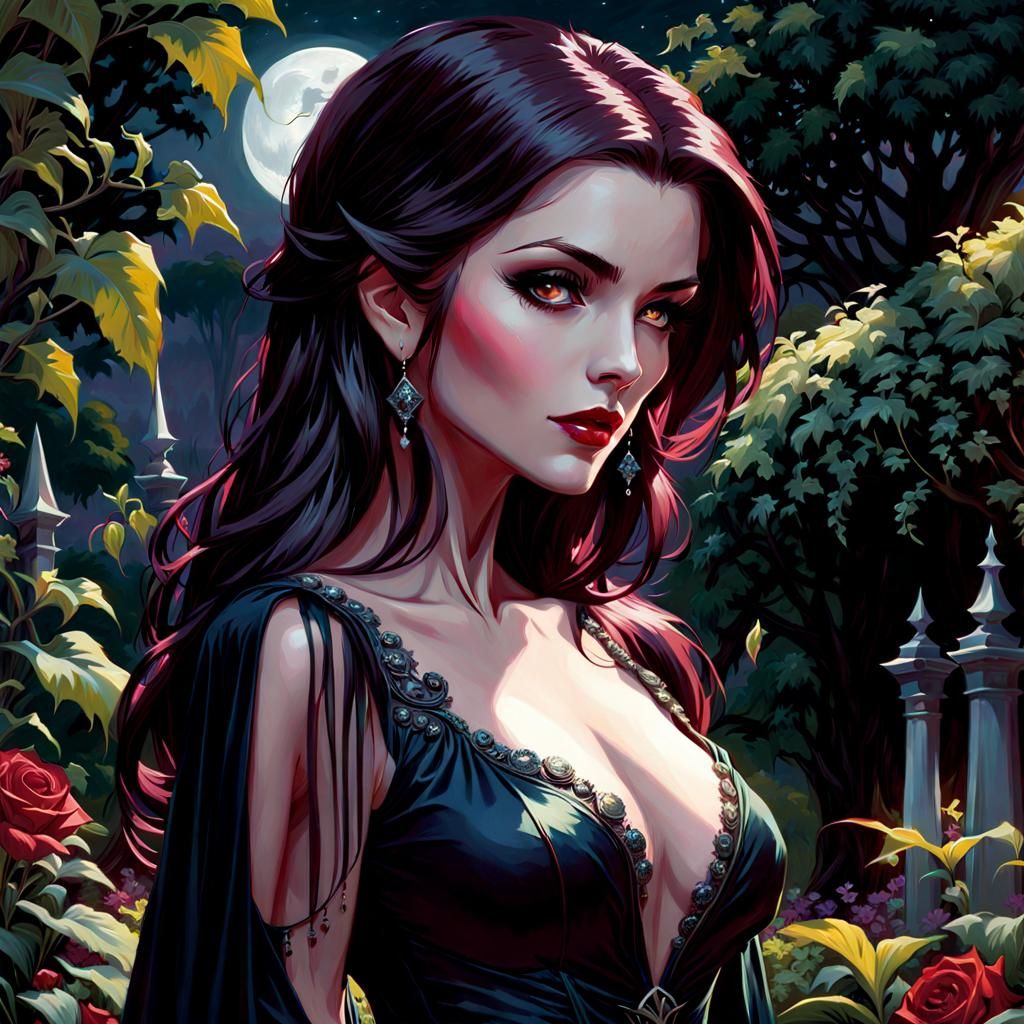 Gothic Vampire in Moonlit Garden: Dark Fantasy Portrait