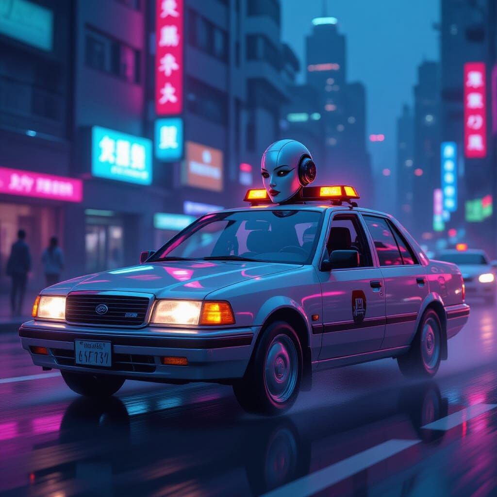 Futuristic Robot Taxi Driver in Matte Painting Style
