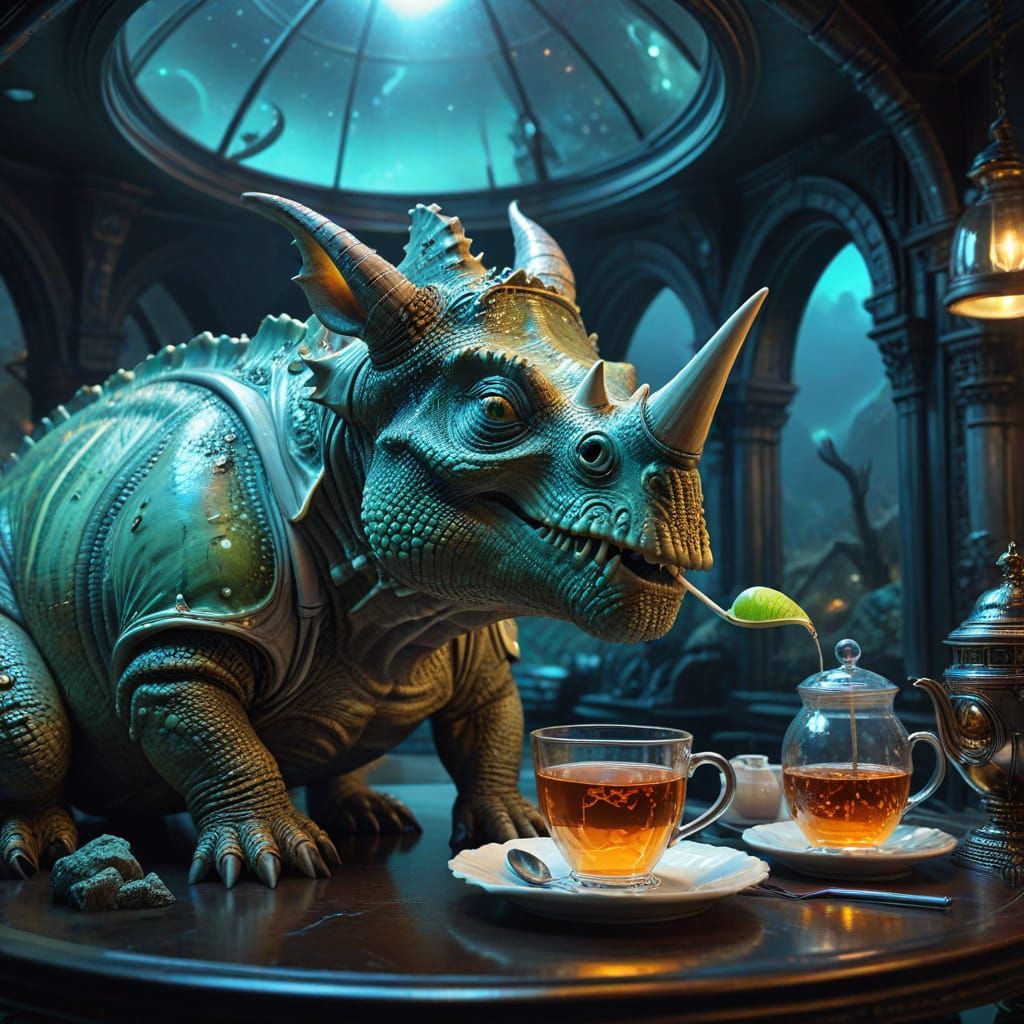 Surreal Triceratops Tea Party on Alien World
