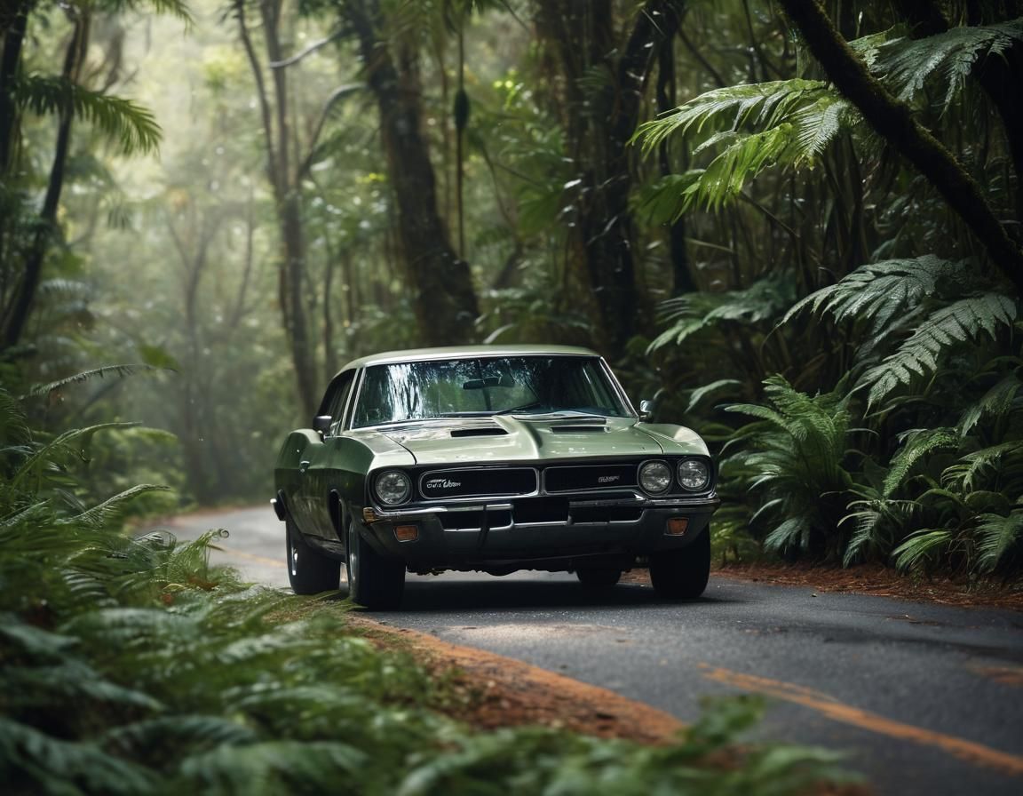 Classic Muscle Car in Rainforest: Automotive Photography