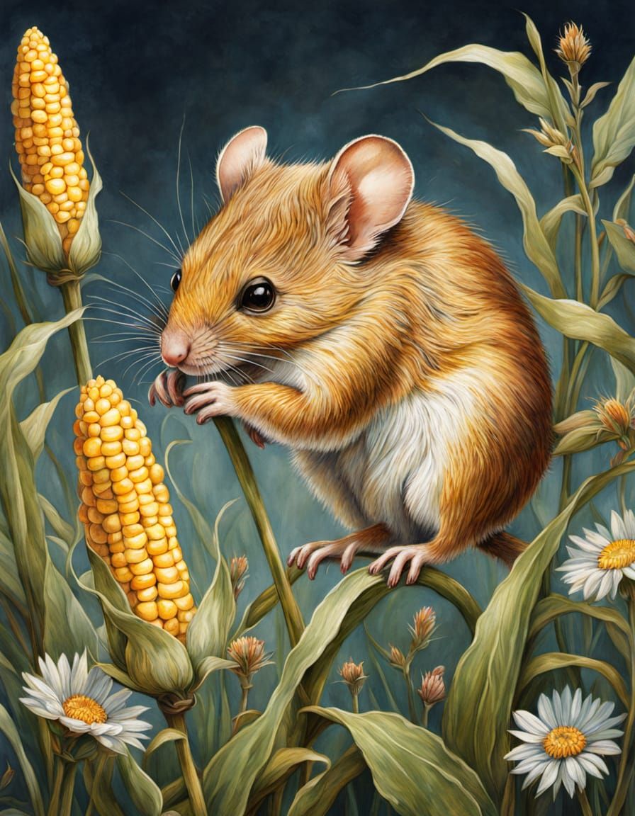 Whimsical Harvest Mouse in a Vibrant Floral Landscape