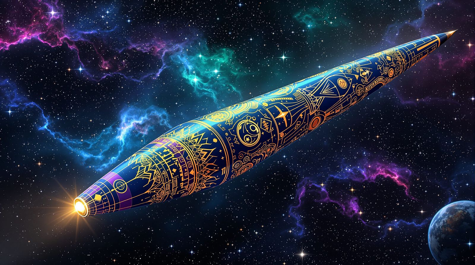 Gustav Klimt Inspired Starship in Cosmic Nebula