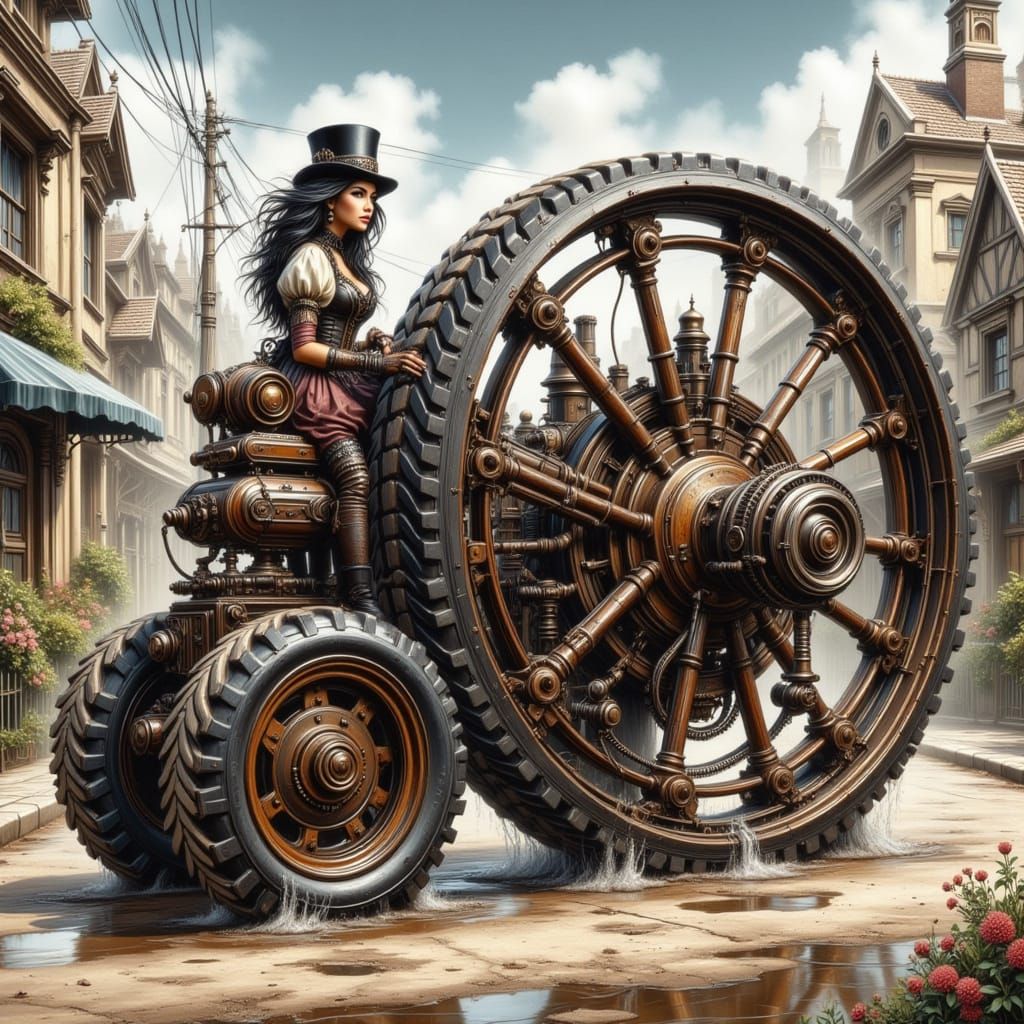 Steampunk Girl Driving Huge Monowheel on Dirt Road
