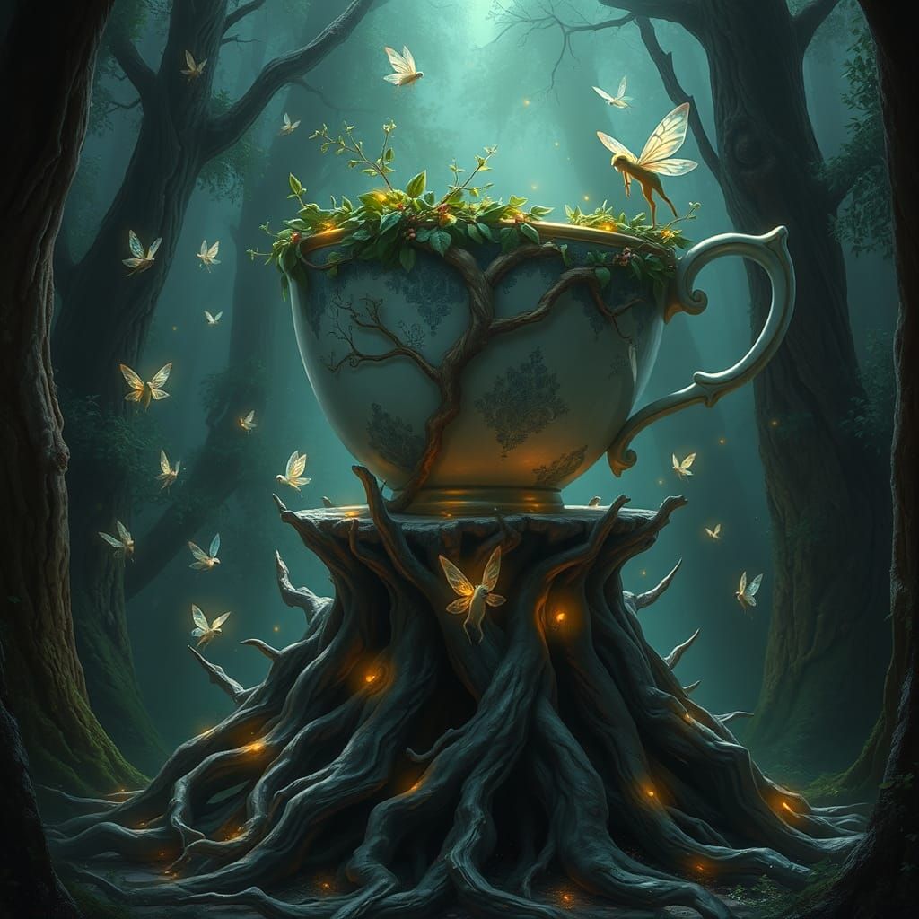 Enchanted Teacup in Mystical Forest Scene