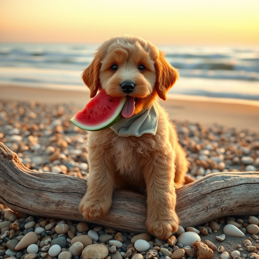 Golden Doodle Puppy's Beachside Watermelon Breakfast