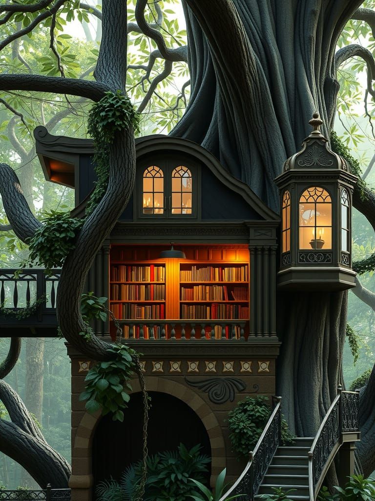 Whimsical Treehouse Library in Art Nouveau Style