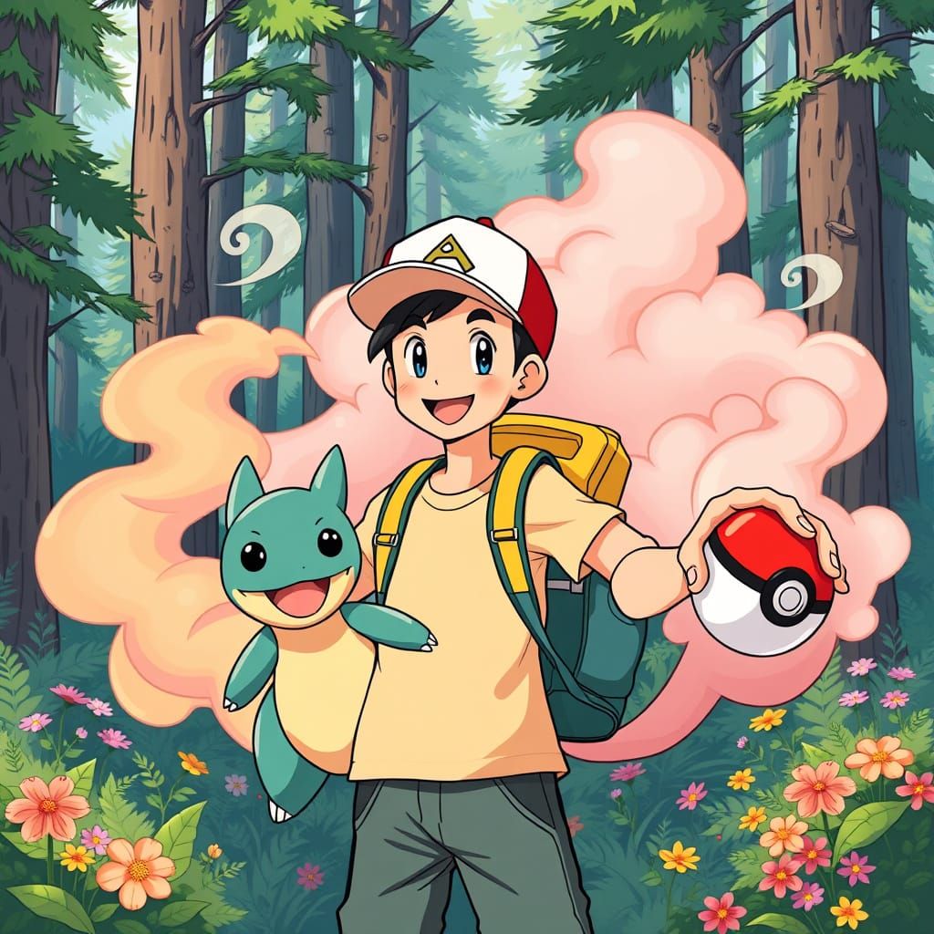 Confident Pokémon Trainer with Fart-Based Pokémon in Whimsic...