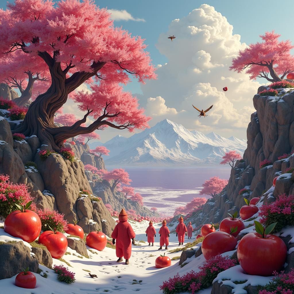 Anthropomorphic Fruits in Rocky Mountain Dreamscape